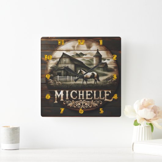 Horloge Carrée Illustration rustique de la grange et du cheval au (Maison)