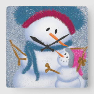 Horloge Carrée Illustration SnowMomma Et SnowGirl