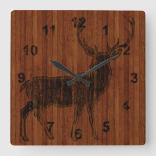 Horloge Carrée Image de cerf rustique marqué à chaud sur bois