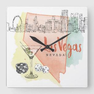 Horloge Carrée Image de croquis d'aquarelle de Las Vegas, Nevada