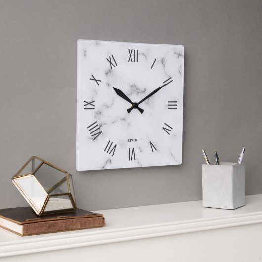 Horloge Carrée Image de marbre gris chiffres romains (Bureau)