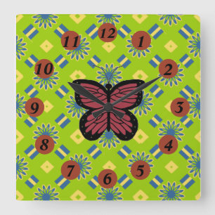Horloge Carrée Image de papillon noir rouge sur motif abstrait