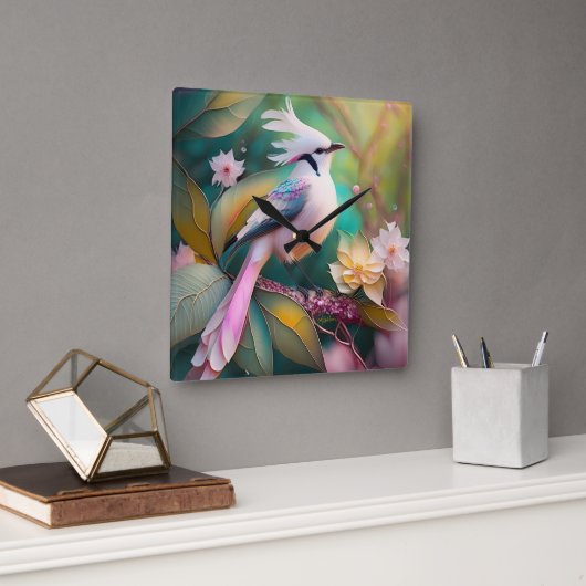 Horloge Carrée Imaginaire blanc crêpé à queue blanche Jay (Bureau)