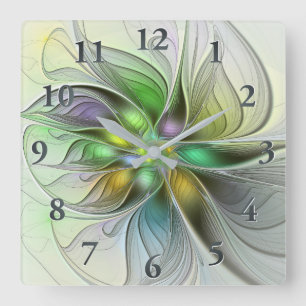 Horloge Carrée Imaginaire coloré Fleur moderne Abstrait Fractal