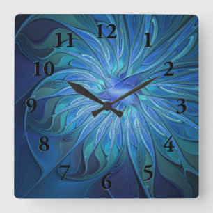 Horloge Carrée Imaginaire Fleur Bleue Motif, Art Fractal Abstrait