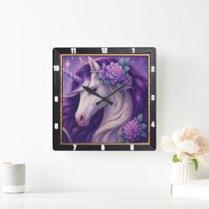 Horloge Carrée Imaginaire floral à licorne violette
