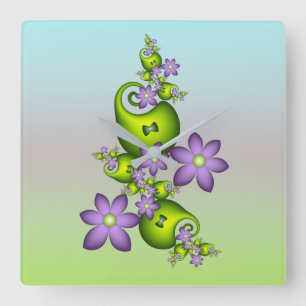 Horloge Carrée Imaginaire Floral Fleurs Lilac Formes vertes Fract