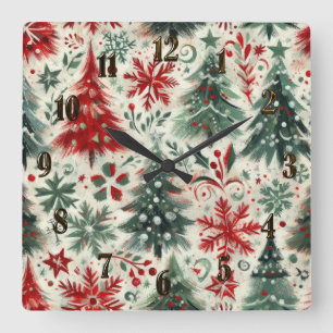 Horloge Carrée Impasto Motifs de Noël rouge et vert Collage