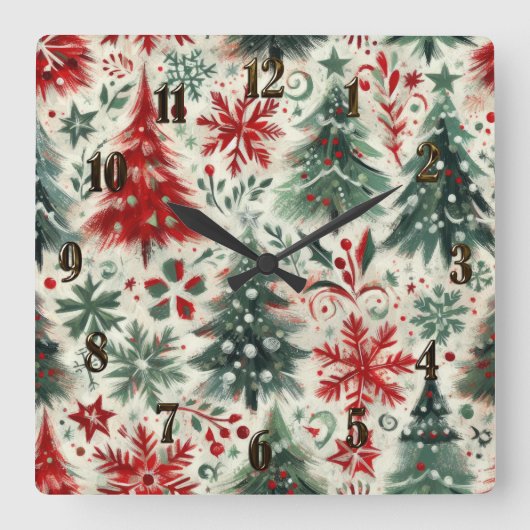 Horloge Carrée Impasto Motifs de Noël rouge et vert Collage (Recto)