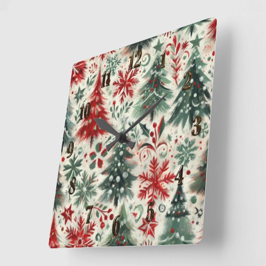Horloge Carrée Impasto Motifs de Noël rouge et vert Collage (Angle)