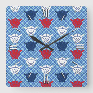 Horloge Carrée imprimé lapin japonais, bleu avec rouge et blanc