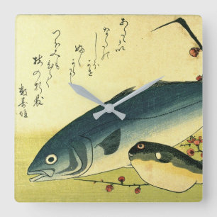 Horloge Carrée Inada & Fugu - Hiroshige's Japanese Fish Print