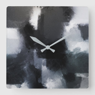 Horloge Carrée Indigo Grey Noir Moderne Abstrait Brushstrokes