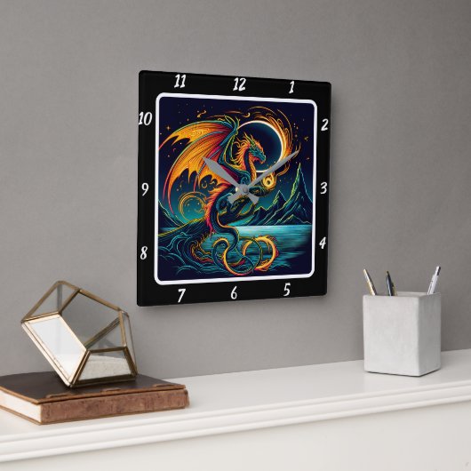 Horloge Carrée Inferno Neon Dragon Blaze (Bureau)