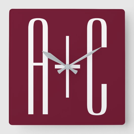 Horloge Carrée Initiales de couples simples | Blanc et bordeaux (Recto)