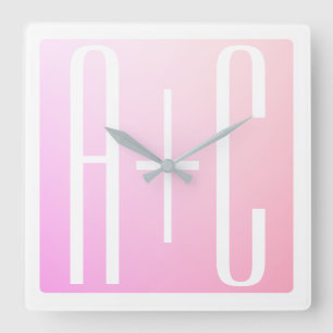 Horloge Carrée Initiales du couple Dégradé rose subtil