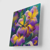 Horloge Carrée Iris Floral Violet et bleu or feuilles (Angle)