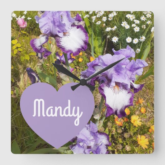 Horloge Carrée Iris Irises Fleur violette Anniversaire Filles Nom (Recto)