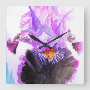 Horloge Carrée Iris Pourpre Fleur Aquarelle Florale Anniversaire