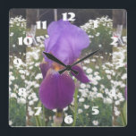 Horloge Carrée Iris Violet Iris Irises Blanc Fleur Jardin<br><div class="desc">Chic Lilac Lilac Purple Iris Floral Room Horloge. Conçu à partir de mon aquarelle originale.</div>