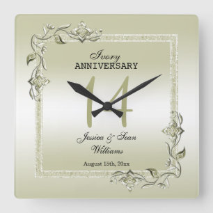 Horloge Carrée Ivory Gem & Glitter 14th Wedding Anniversary