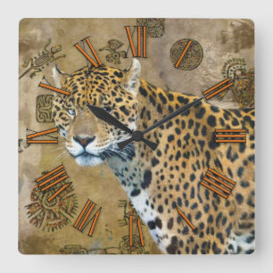 Horloge Carrée Jaguar & Mayan Temple Ruins Wildlife Wall Clock