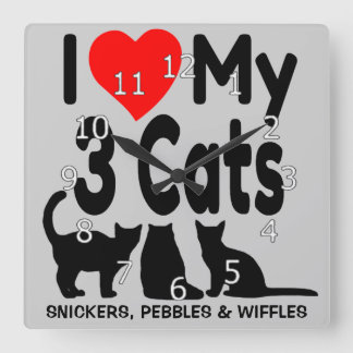 Horloge Carrée J'Aime Mes Trois Chats