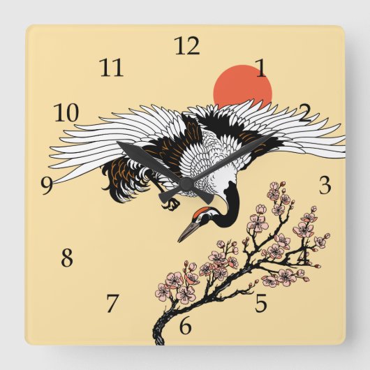 Horloge Carrée Japanese crane bird and blooming sakura (Recto)