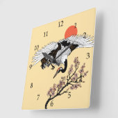 Horloge Carrée Japanese crane bird and blooming sakura (Angle)