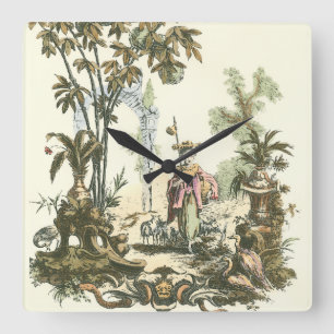 Horloge Carrée Jardin asiatique avec la femme et les animaux