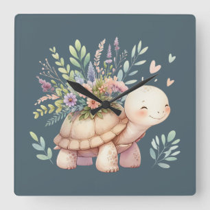 Horloge Carrée Jardin de Cottage Tortue Aquarelle