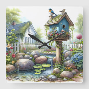 Horloge Carrée Jardin de maisonnette à l'aquarelle avec nichoir à