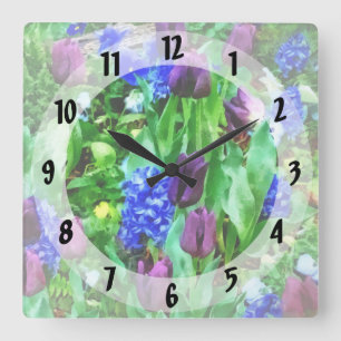 Horloge Carrée Jardin de printemps dans les tons violets