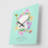 Horloge Carrée Jardin floral Aqua Monogramme (Angle)