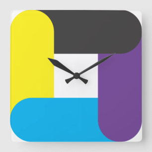 HORLOGE CARRÉE JAUNE, BLEU, MAGENTA ET NOIR