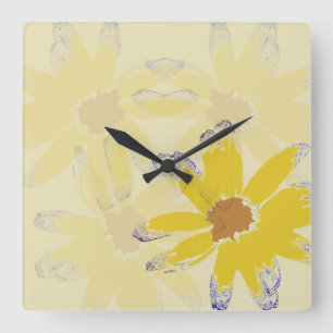 Horloge Carrée Jaune Daisy Floral Art