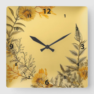 Horloge Carrée Jaune Dandelions Ferns Pays de verdure