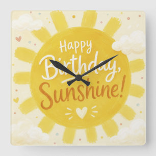 Horloge Carrée Jaune Ensoleillé Joyeux Anniversaire