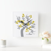 Horloge Carrée Jaune, gris Perroquets cerisier & fleurs (Maison)