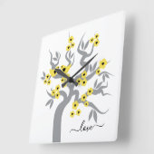Horloge Carrée Jaune, gris Perroquets cerisier & fleurs (Angle)