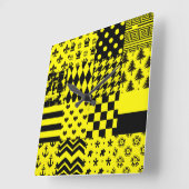 Horloge Carrée Jaune Noir Mixte Conception Motif Patchwork (Angle)
