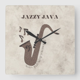 Horloge Carrée Jazzy Java-Grains de Café-Saxophone-