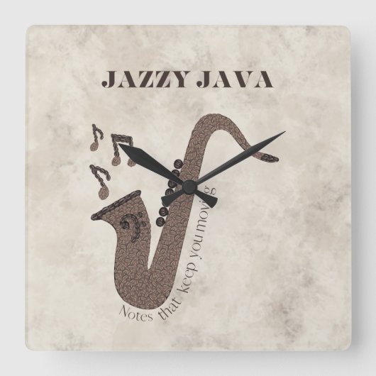 Horloge Carrée Jazzy Java-Grains de Café-Saxophone- (Recto)