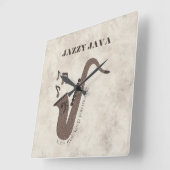 Horloge Carrée Jazzy Java-Grains de Café-Saxophone- (Angle)