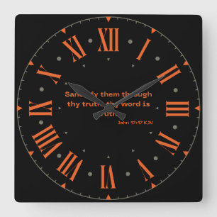 Horloge Carrée Jean 17:17 KJV Bible Verse Orange chiffres romains