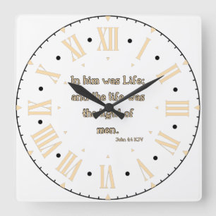 Horloge Carrée Jean 1:4 KJV Bible Verse Numéros romains
