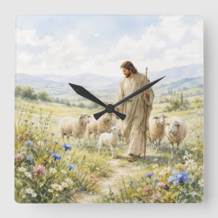 Horloge Carrée Jésus Bon Berger Fleur Sauvage Aquarelle