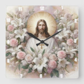 Horloge Carrée Jésus Christ Entouré de Lys Roses (Recto)