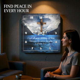 Horloge Carrée Jésus dans l'eau ondulante 1 Pierre 5:7
