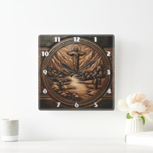 Horloge Carrée Jésus debout au-dessus d'un paysage serein